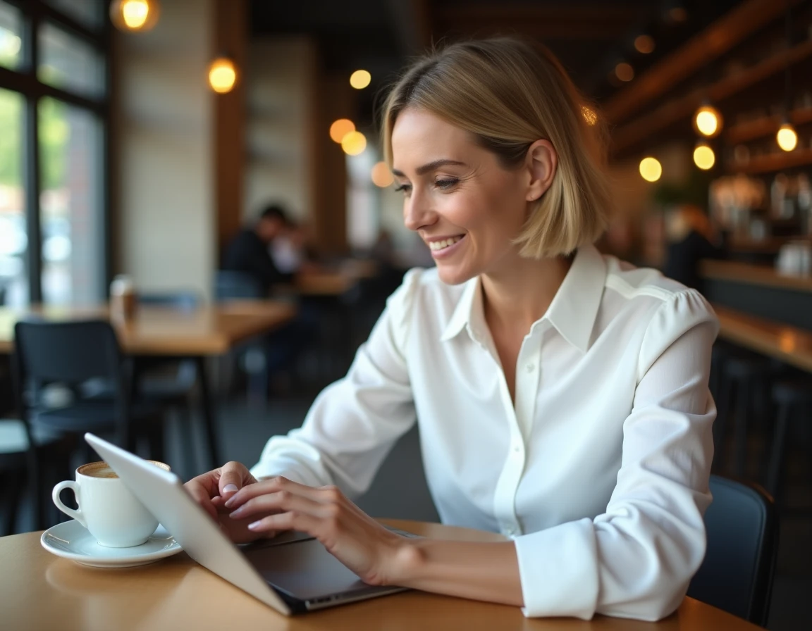Femme consultant son compte Hello bank sur tablette dans un café, accès espace client sécurisé