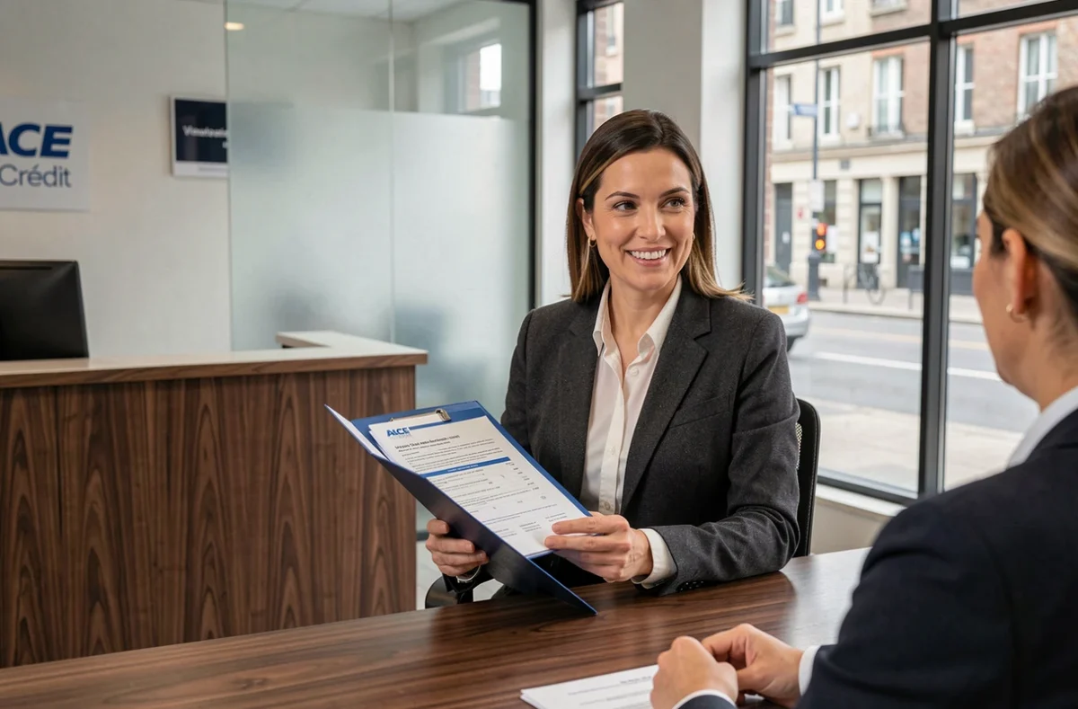 Une conseillère de l'agence ACE Crédit à Vincennes présente un dossier de financement immobilier à un client en rendez-vous