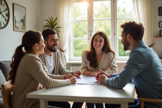 Agent d'assurance discutant avec une famille dans un salon lumineux
