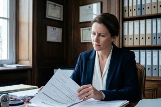Agente de la fonction publique examinant un dossier de financement dans un bureau administratif français