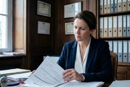 Agente de la fonction publique examinant un dossier de financement dans un bureau administratif français