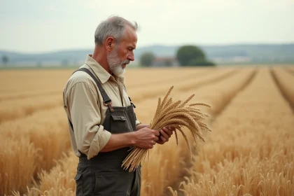 Agriculteur français examinant des épis de blé dans un champ doré en période de moisson, illustrant le contexte du fermage et du prix du quintal de blé 2026