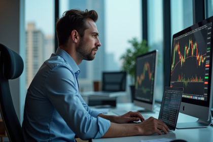 Homme en costume analysant des graphiques financiers au bureau