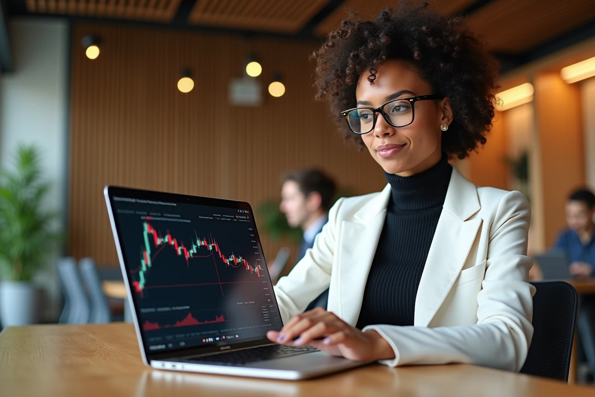Femme analyste crypto étudiant un signal double bottom sur laptop dans un espace de coworking