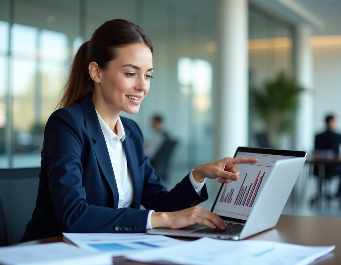 Analyste économique présentant des graphiques d'inflation INSEE sur un ordinateur portable dans un bureau moderne, illustrant l'analyse des données officielles 2026