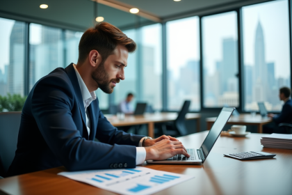 Analyste financier en costume bleu concentré sur son ordinateur