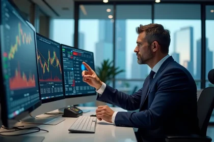 Analyste financier étudiant les prévisions boursières et les courbes de taux d'intérêt sur des écrans dans un bureau de trading moderne en 2026