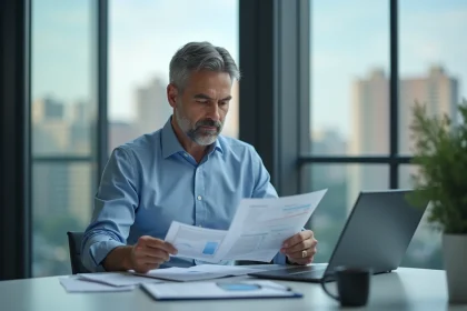 Analyste financier en bureau avec vue urbaine europ&eacute;enne