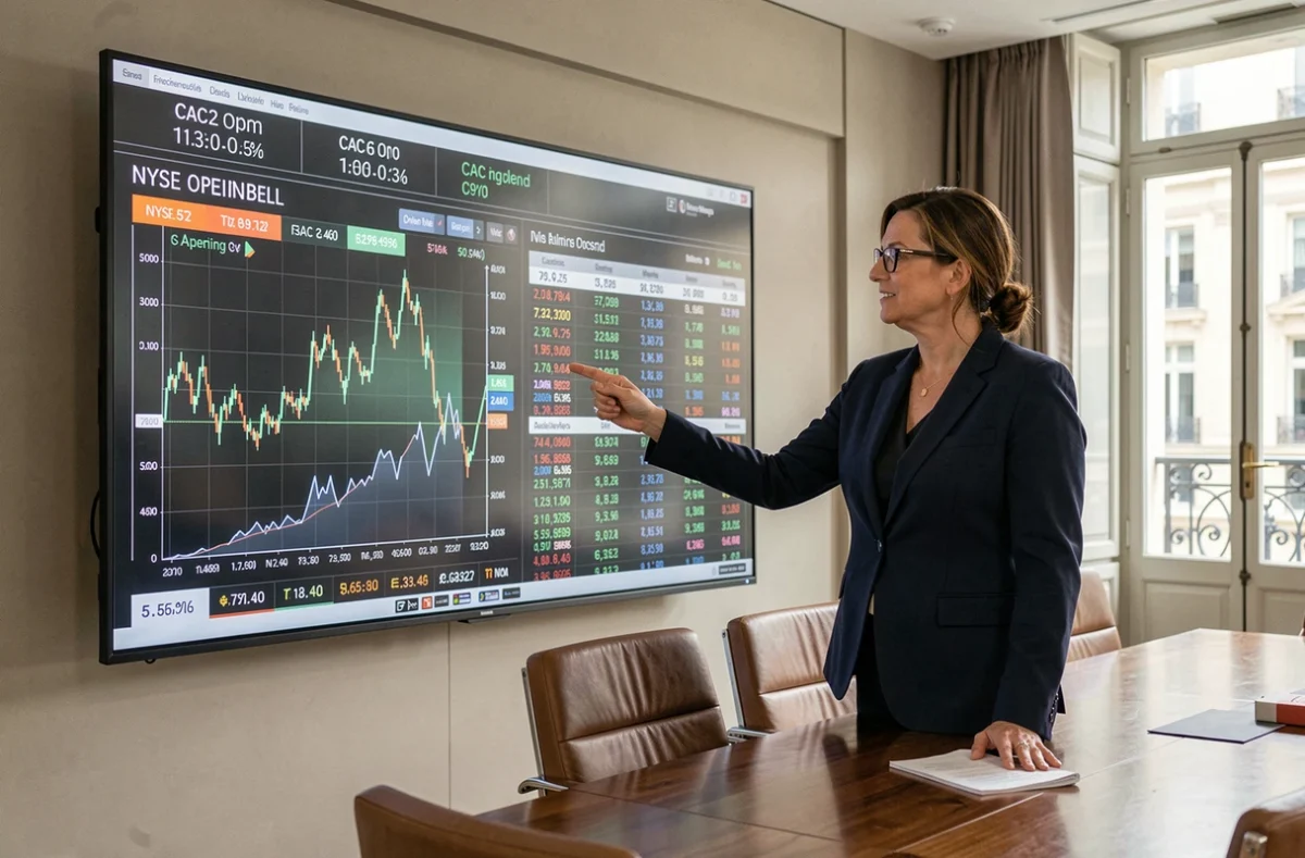 Analyste financière présentant l'influence de l'ouverture de la bourse de New York sur le CAC 40 dans une salle de réunion d'entreprise