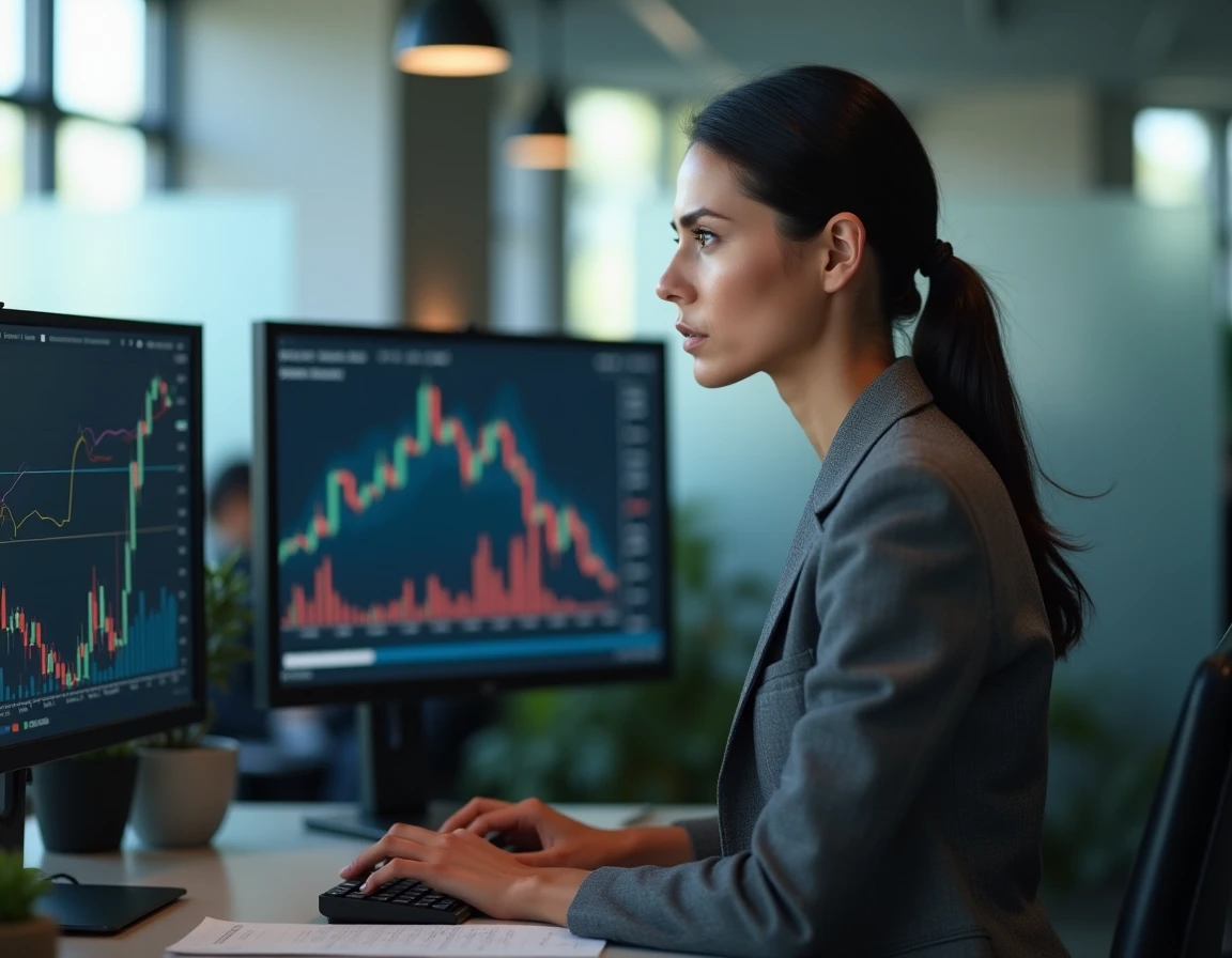 Analyste financière spécialisée dans le secteur du luxe scrutant des données boursières sur des écrans, illustrant l'analyse des perspectives de Kering en bourse pour 2026