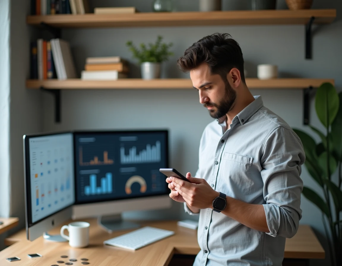 Homme consultant une application d'épargne automatique sur son smartphone dans un bureau minimaliste à domicile