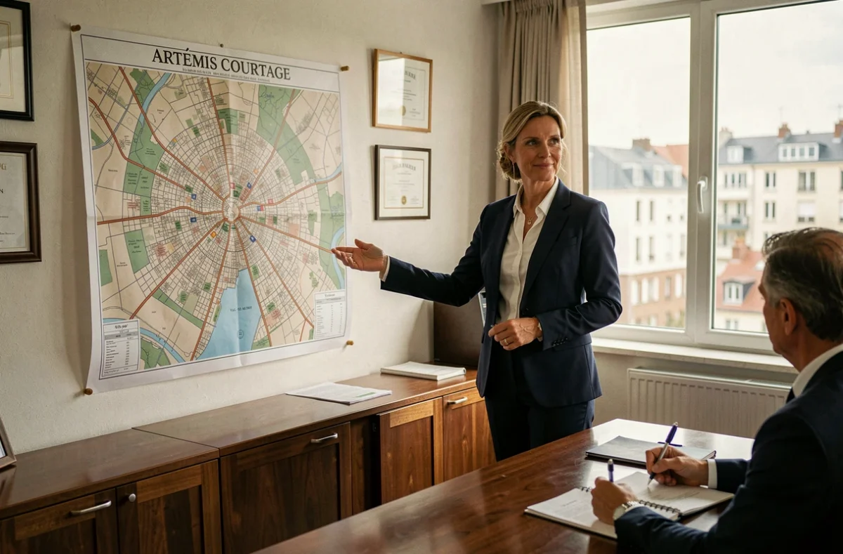 Une courtière Artémis Courtage à Ivry-sur-Seine présente une carte du Val-de-Marne à un client pour orienter son projet d'achat immobilier