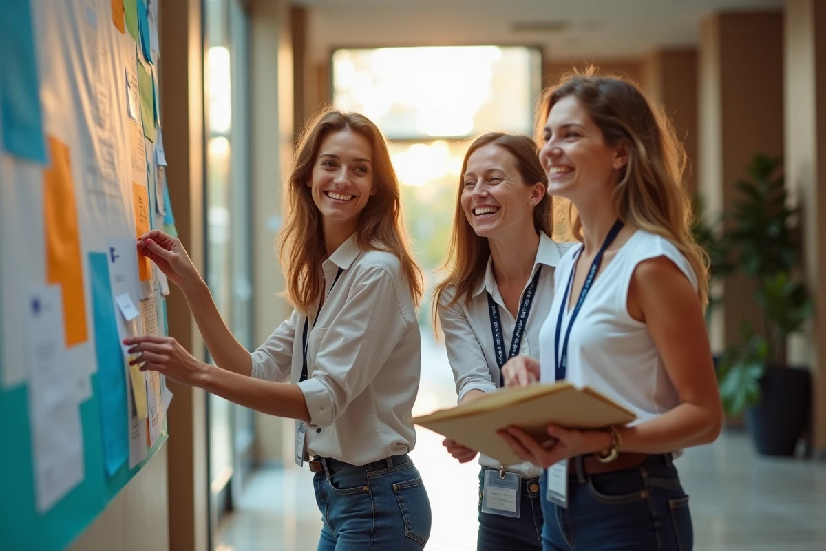 Coll&egrave;gues riant en installant une banni&egrave;re de team building