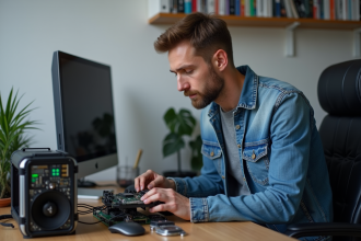 Homme assembleur de rig de minage bitcoin dans un bureau
