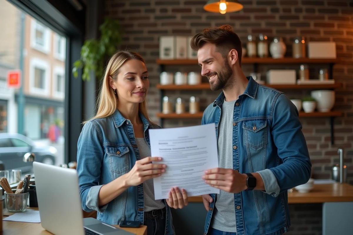 Deux associés d'une petite entreprise examinant leur contrat d'assurance professionnelle entre banque traditionnelle et assureur digital