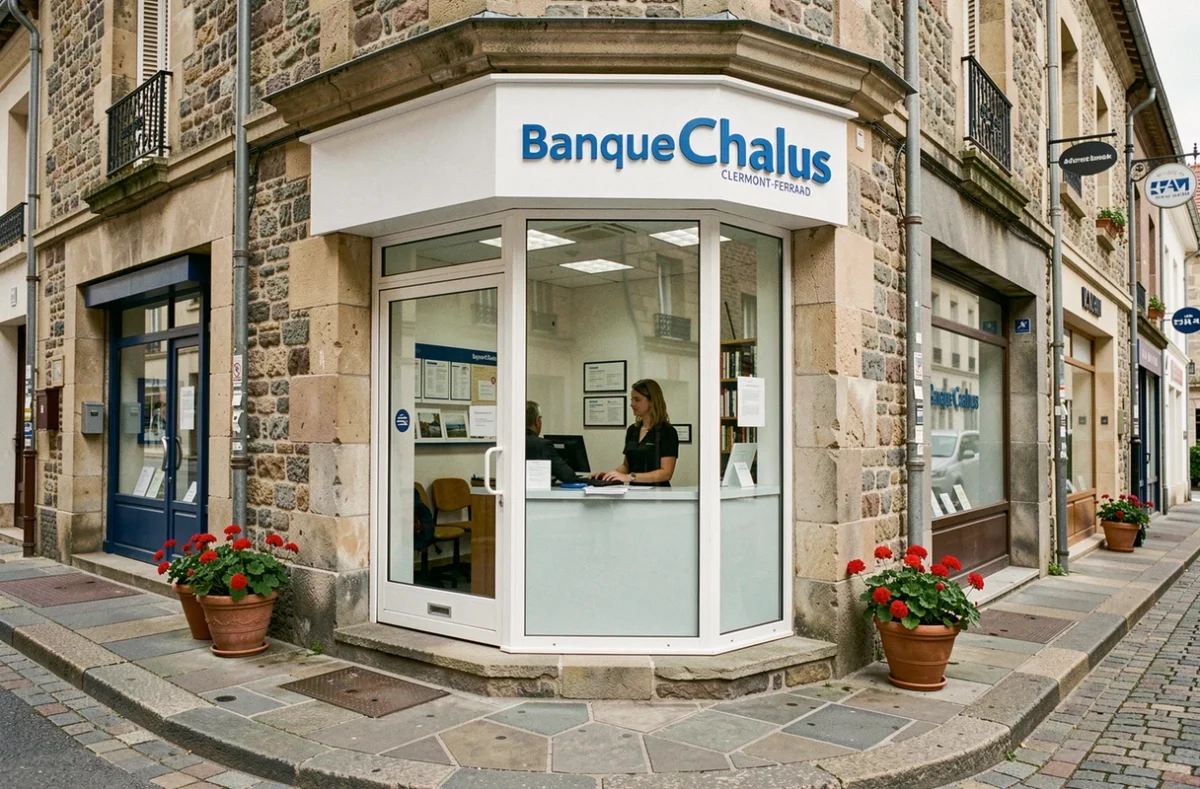Façade d'une agence de la Banque Chalus à Clermont-Ferrand avec une conseillère visible derrière la vitre, entourée de l'architecture en pierre volcanique auvergnate