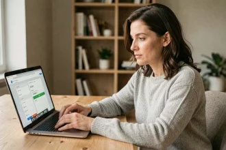 Femme utilisant un service bancaire en ligne sur son ordinateur portable depuis son bureau à domicile