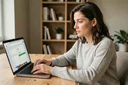 Femme utilisant un service bancaire en ligne sur son ordinateur portable depuis son bureau à domicile