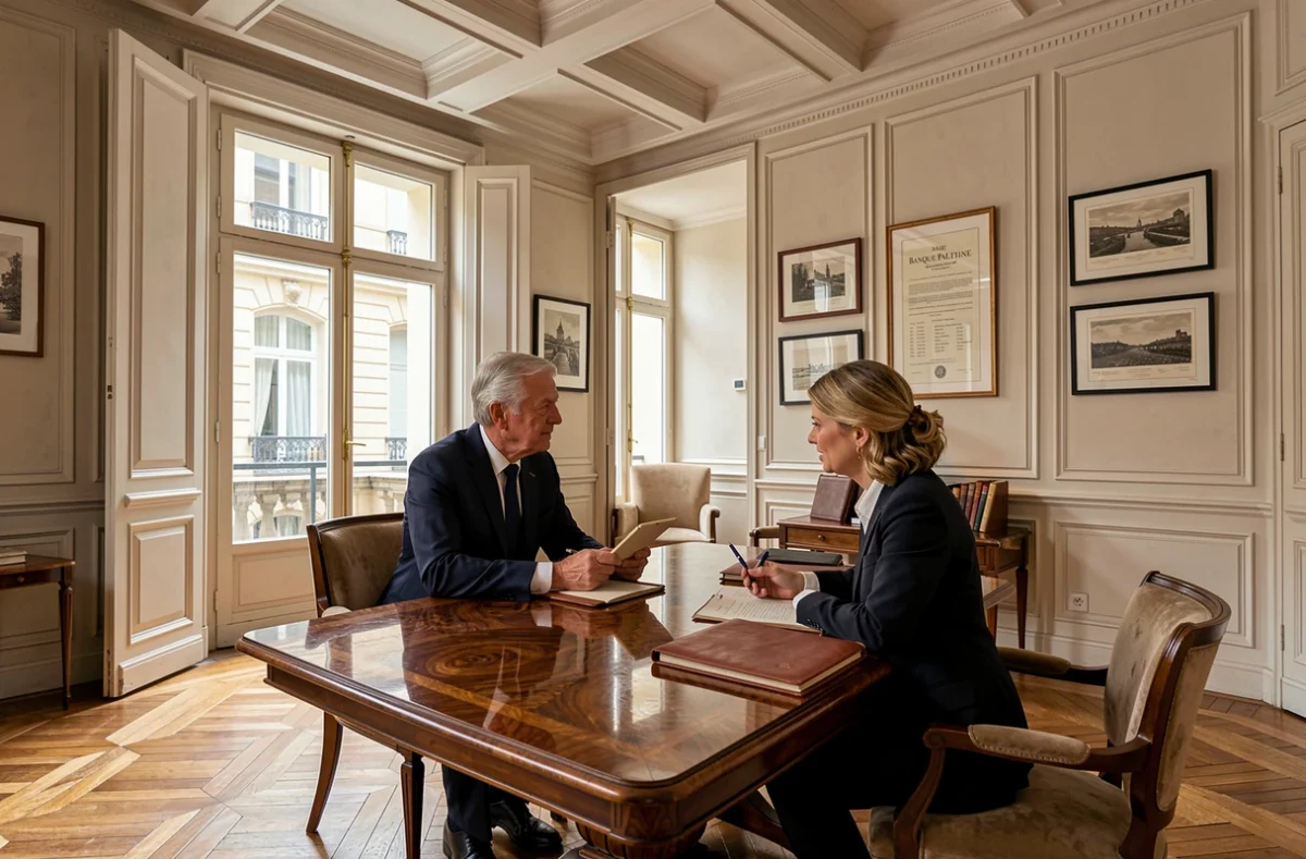 Gestionnaire de la Banque Palatine en consultation avec une cliente aisée dans un salon de banque privée haussmannien à Lyon