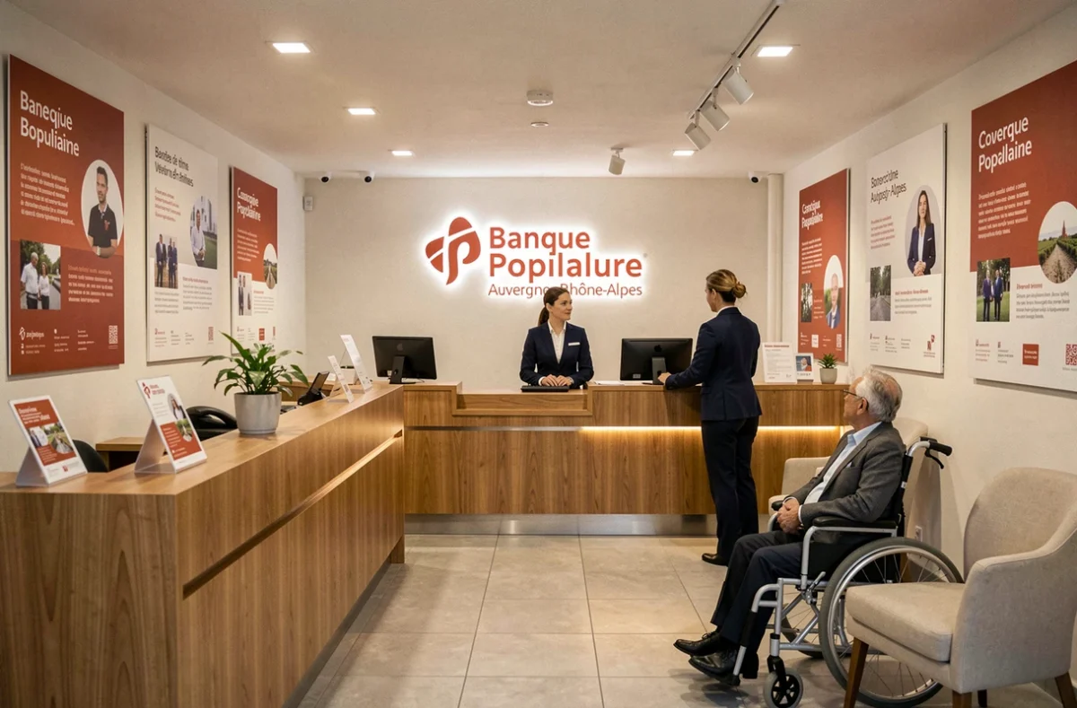 Intérieur d'une agence de la Banque Populaire Auvergne-Rhône-Alpes avec des conseillers accueillant des clients au guichet