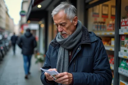 Homme belge contemplant un paquet de cigarettes dans une rue de Bruxelles