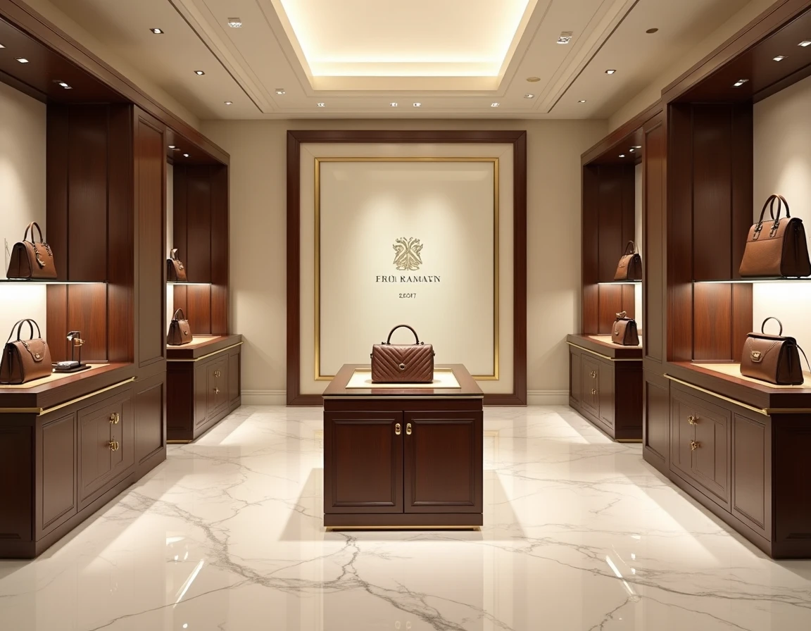 Intérieur vide d'une boutique de luxe haut de gamme avec des présentoirs en bois sombre et sol en marbre, évoquant la pression économique sur les grandes maisons du groupe Kering