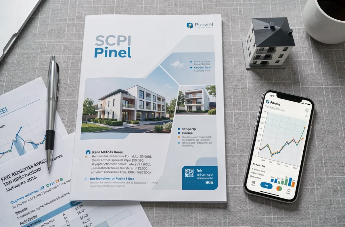Vue aérienne d'un bureau avec brochure SCPI Pinel, documents fiscaux et maquette immobilière pour investissement locatif