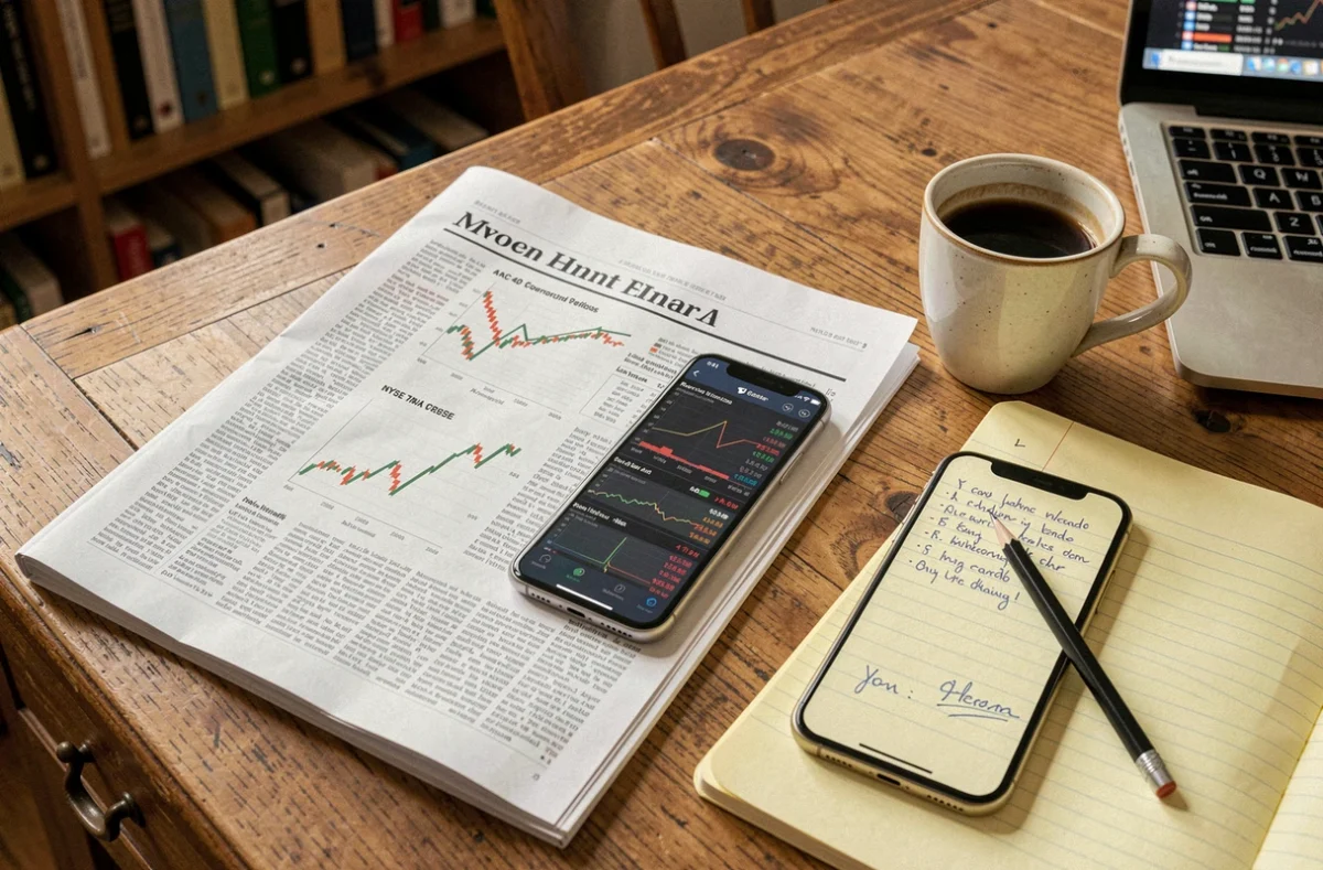 Vue aérienne d'un bureau avec journal financier présentant la corrélation entre le CAC 40 et l'heure d'ouverture de la bourse de New York