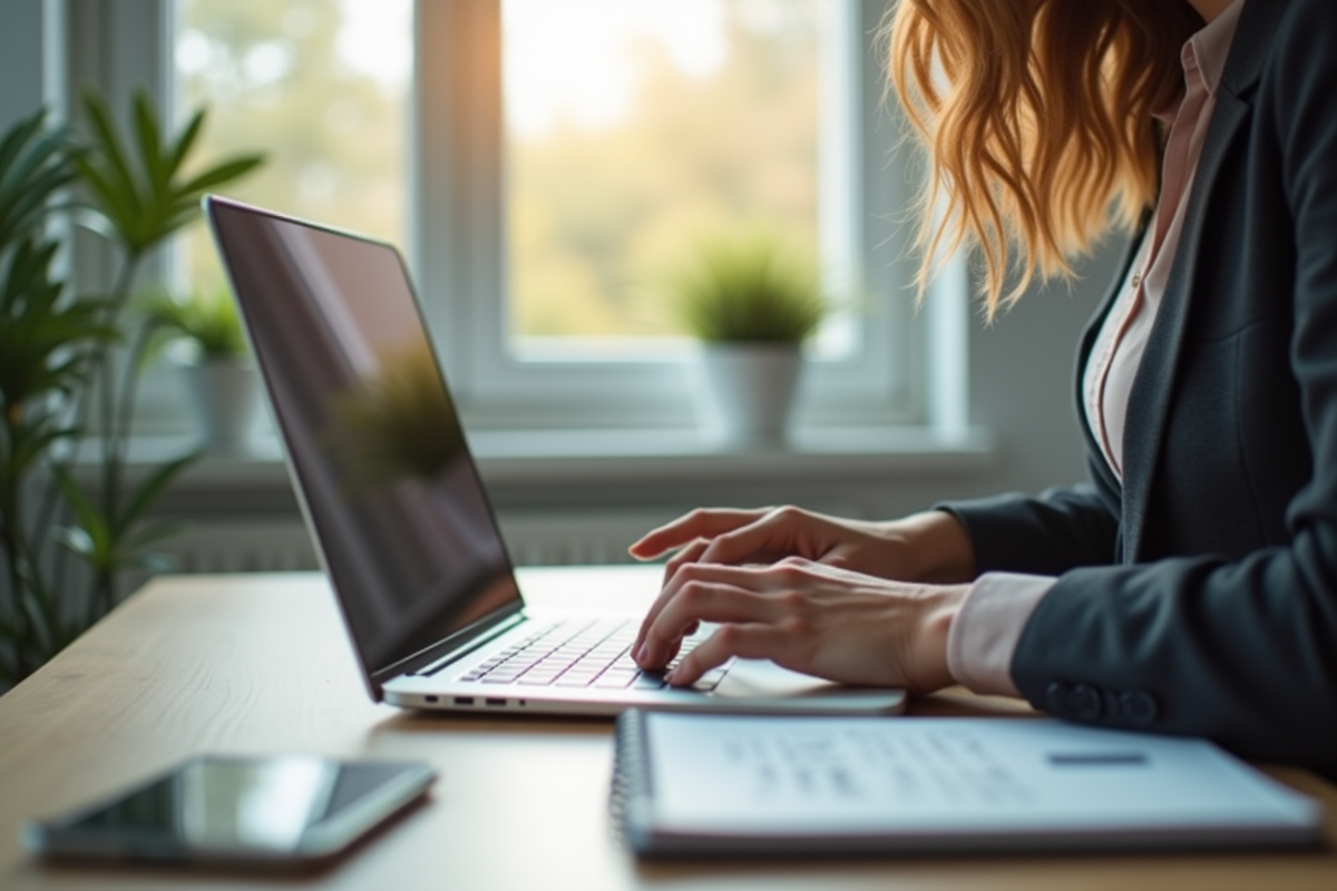 Personne travaillant sur un bureau moderne et lumineux pour l article