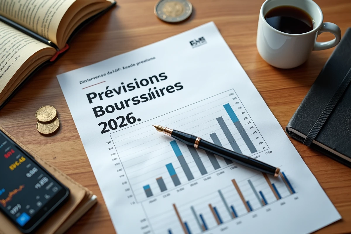 Vue de dessus d'un bureau avec un rapport de prévision boursière 2026, un smartphone affichant des indicateurs de taux d'intérêt et des documents financiers imprimés