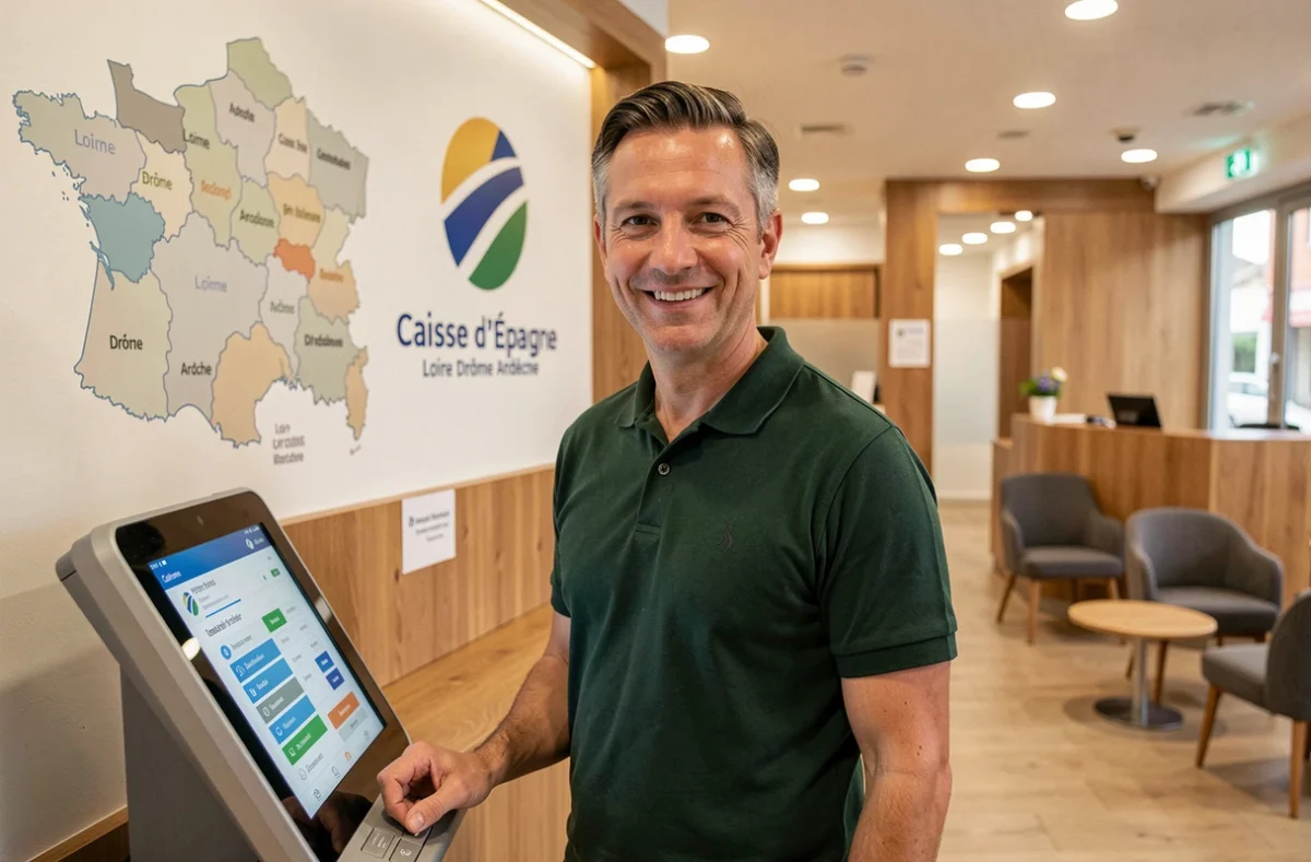 Employé de la Caisse d'Épargne Loire Drôme Ardèche debout près d'une borne numérique dans une agence moderne avec carte régionale en arrière-plan