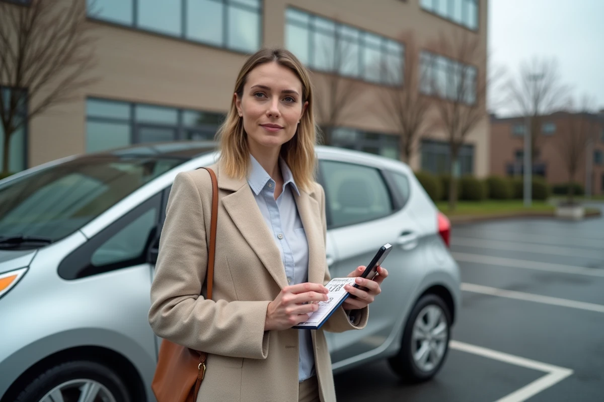 Femme calculant ses frais kilométriques professionnels à côté de sa voiture avec une application mobile de suivi de trajet