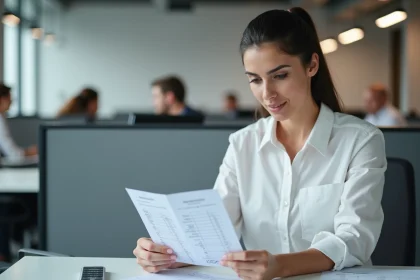 Femme en entreprise v&eacute;rifiant un bulletin de salaire avec calcul des heures en centi&egrave;mes sur une feuille imprim&eacute;e
