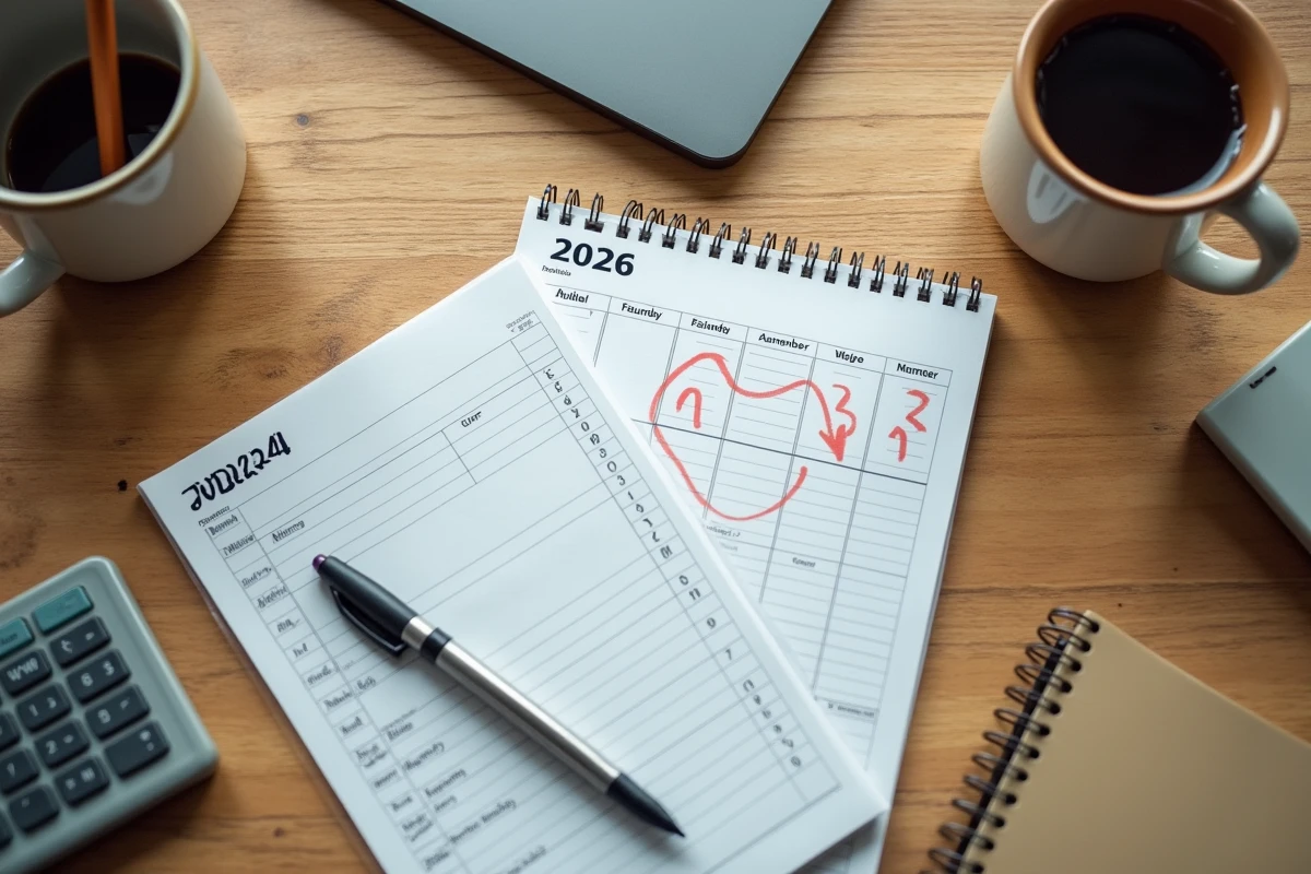 Vue de dessus d'un bureau avec calendrier 2026 et bulletin de salaire d'un enseignant