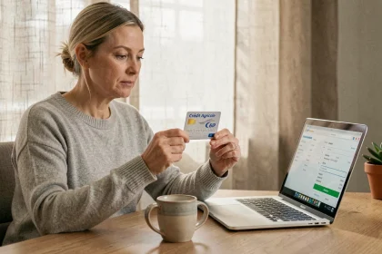 Femme tenant une carte bancaire Crédit Agricole devant un ordinateur portable lors d'un achat en ligne sécurisé