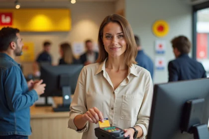 Femme utilisant une carte prépayée La Poste sur un terminal de paiement sans contact dans un bureau de poste