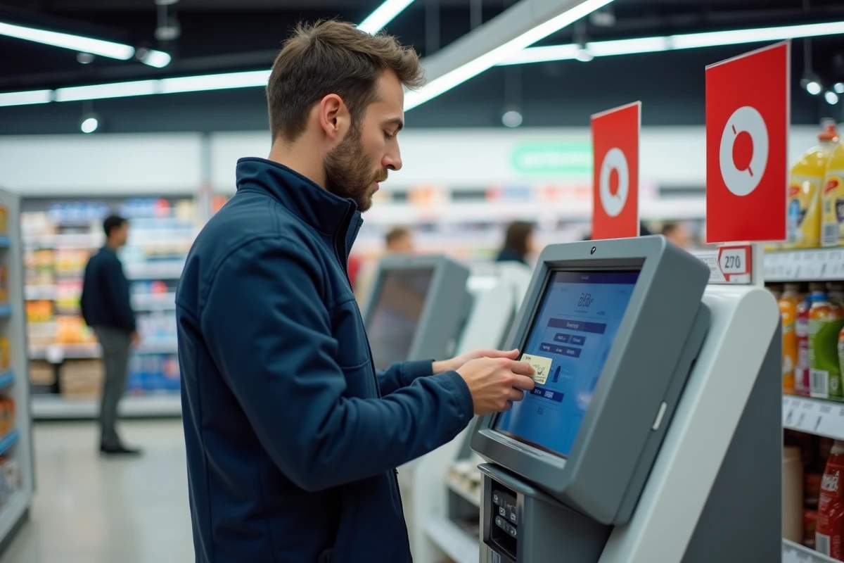 Homme insérant une carte prépayée La Poste dans un terminal de caisse automatique en supermarché