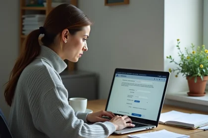 Femme remplissant un formulaire de changement de RIB sur un portail France Travail depuis son domicile