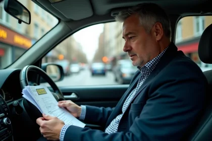 Homme chauffeur de taxi concentr&eacute; sur ses documents de licence