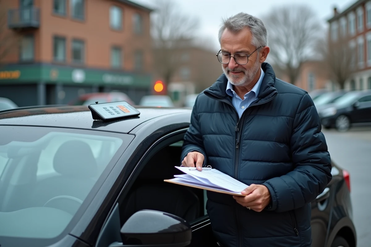 Chauffeur VTC indépendant consultant ses documents comptables et fiscaux appuyé contre sa voiture en ville