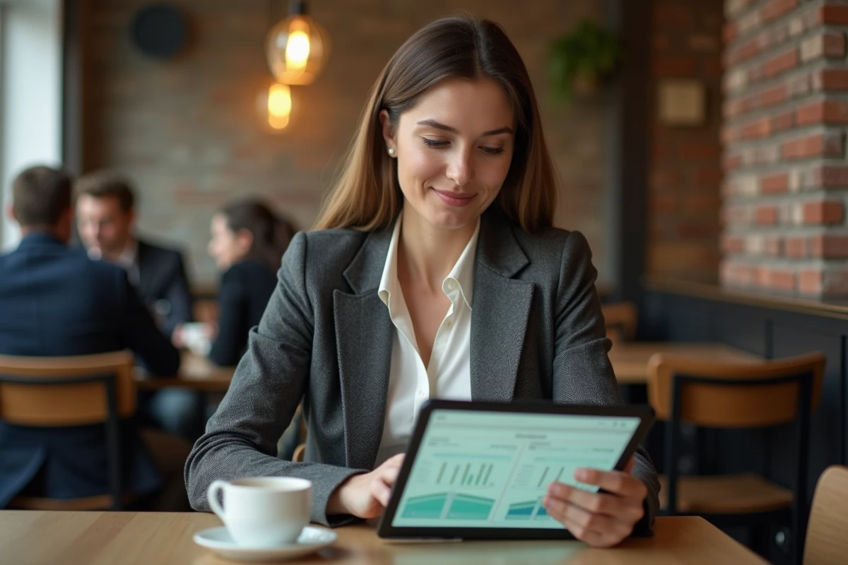 Chauffeure VTC indépendante consultant une application de comptabilité sur tablette dans un café pour réduire ses impôts