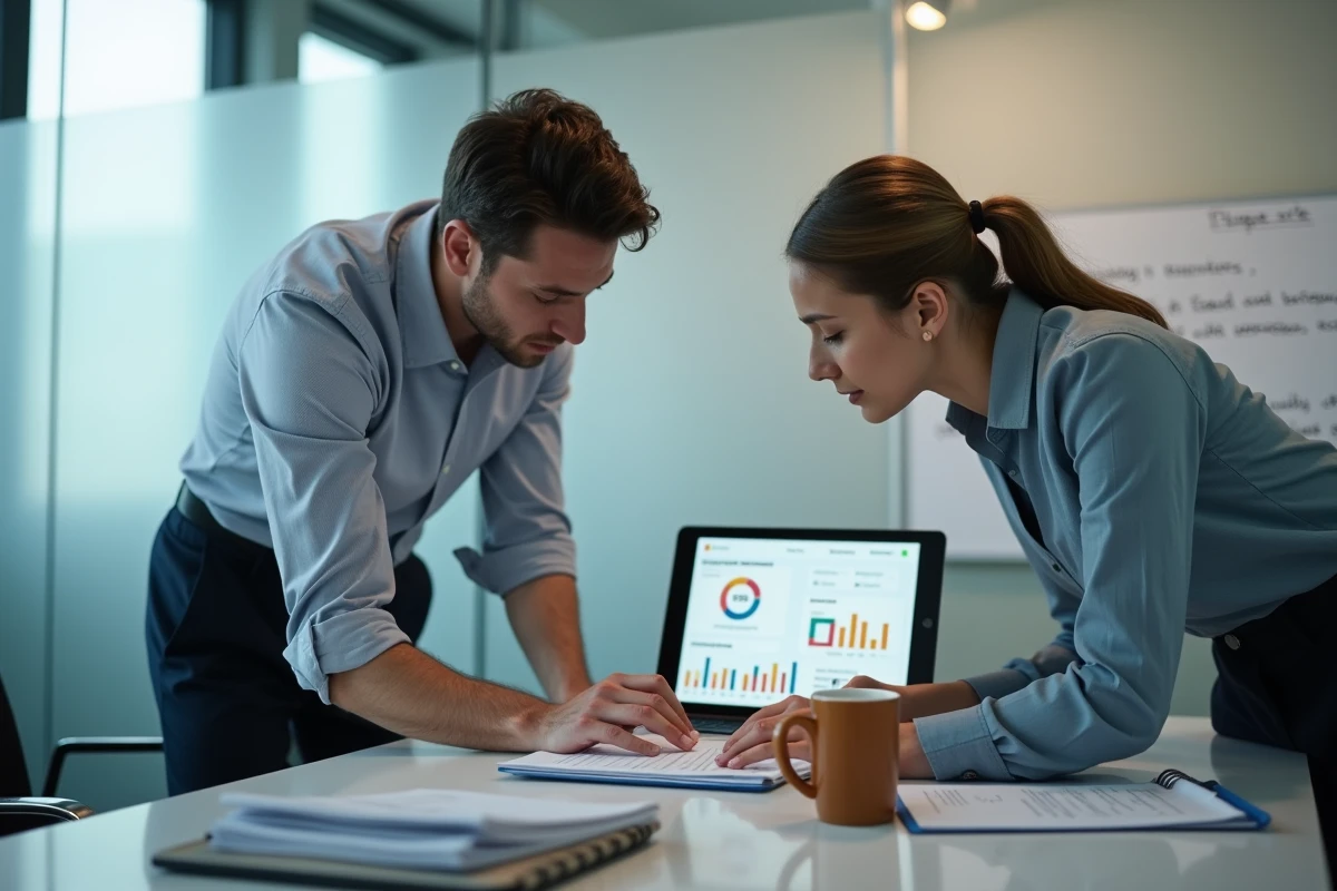 Deux comptables publics collaborant sur un tableau de bord financier de la Banque des territoires sur une tablette numérique