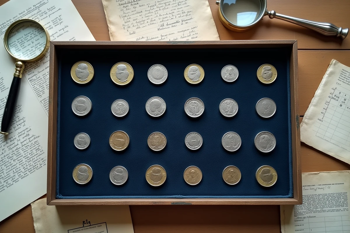 Collection de pièces de 5 francs 1960 en différents états de conservation sur plateau velours avec notes de collectionneur