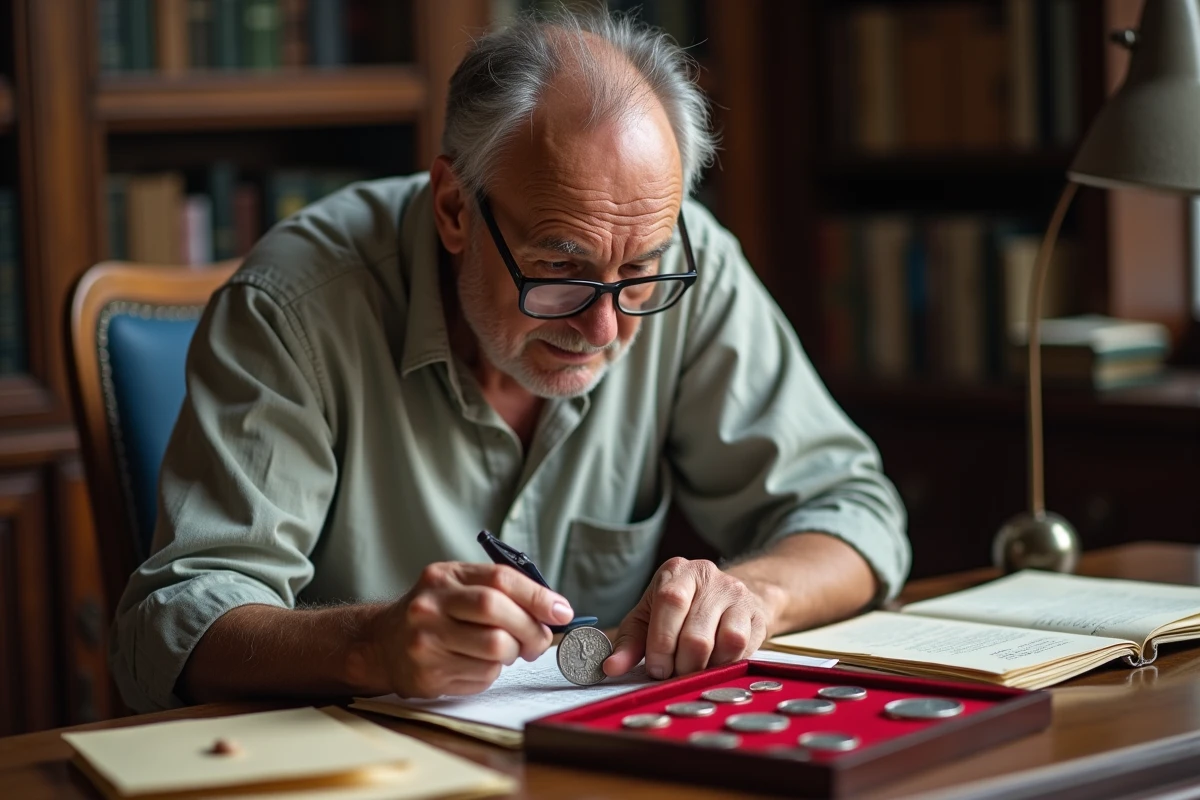 Collectionneur de numismatique examinant une pièce de 5 francs 1960 à la loupe sur un bureau ancien avec catalogues