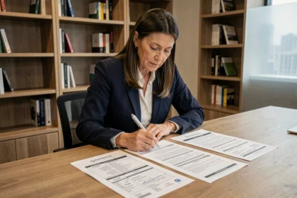 Femme professionnelle comparant des documents d'assurance professionnelle à son bureau