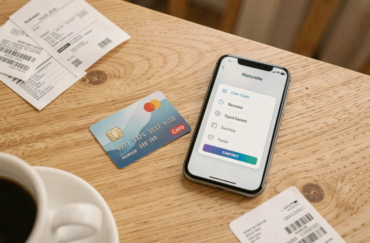 Comparaison entre carte bancaire physique et carte virtuelle CMB Virtualis posées sur une table en bois