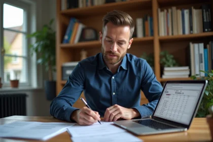Homme en télétravail comparant les frais kilométriques réels et le forfait 10% sur sa déclaration de revenus 2026