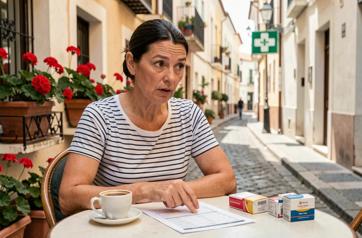 Femme comparant les prix du tabac français et espagnol à une terrasse de café en Espagne