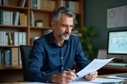 Comptable masculin en chemise bleue marine examinant des rapports financiers à son bureau avant la date limite du bilan comptable 2026