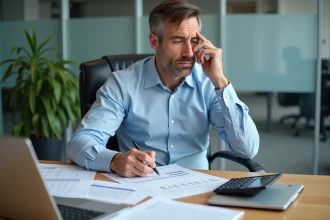 Comptable masculin analysant des tableaux de calcul d'acomptes d'impôt sur les sociétés à son bureau